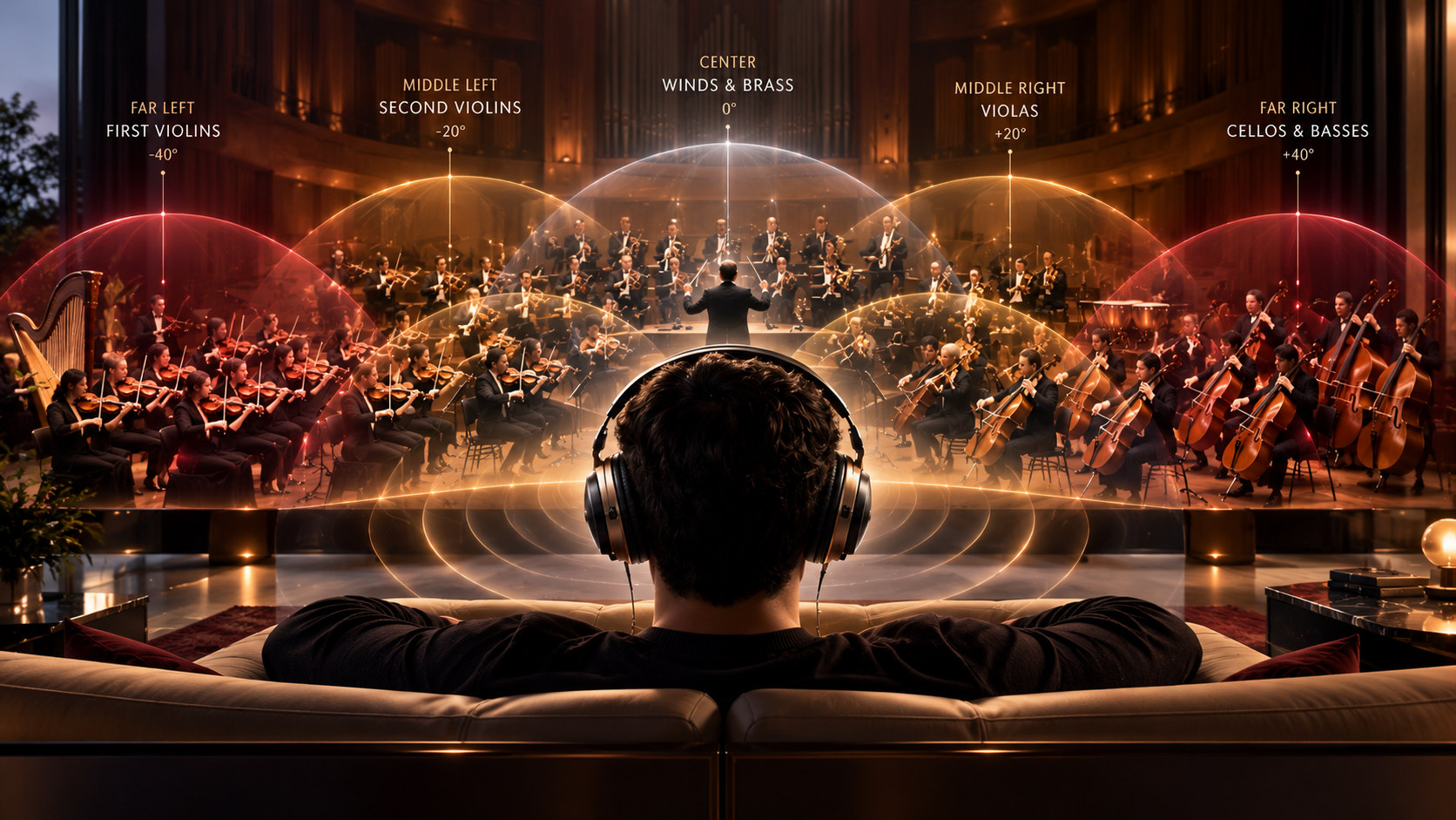 Akopyan Spatial Audio: a listener wearing headphones in front of a spatially arranged orchestra