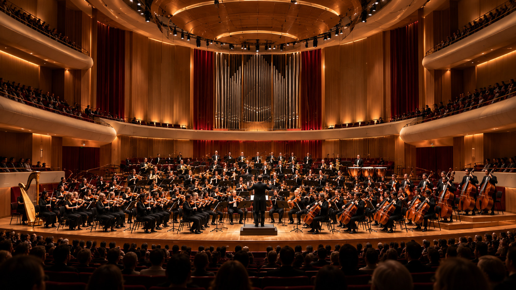Symphony orchestra performing in a grand concert hall