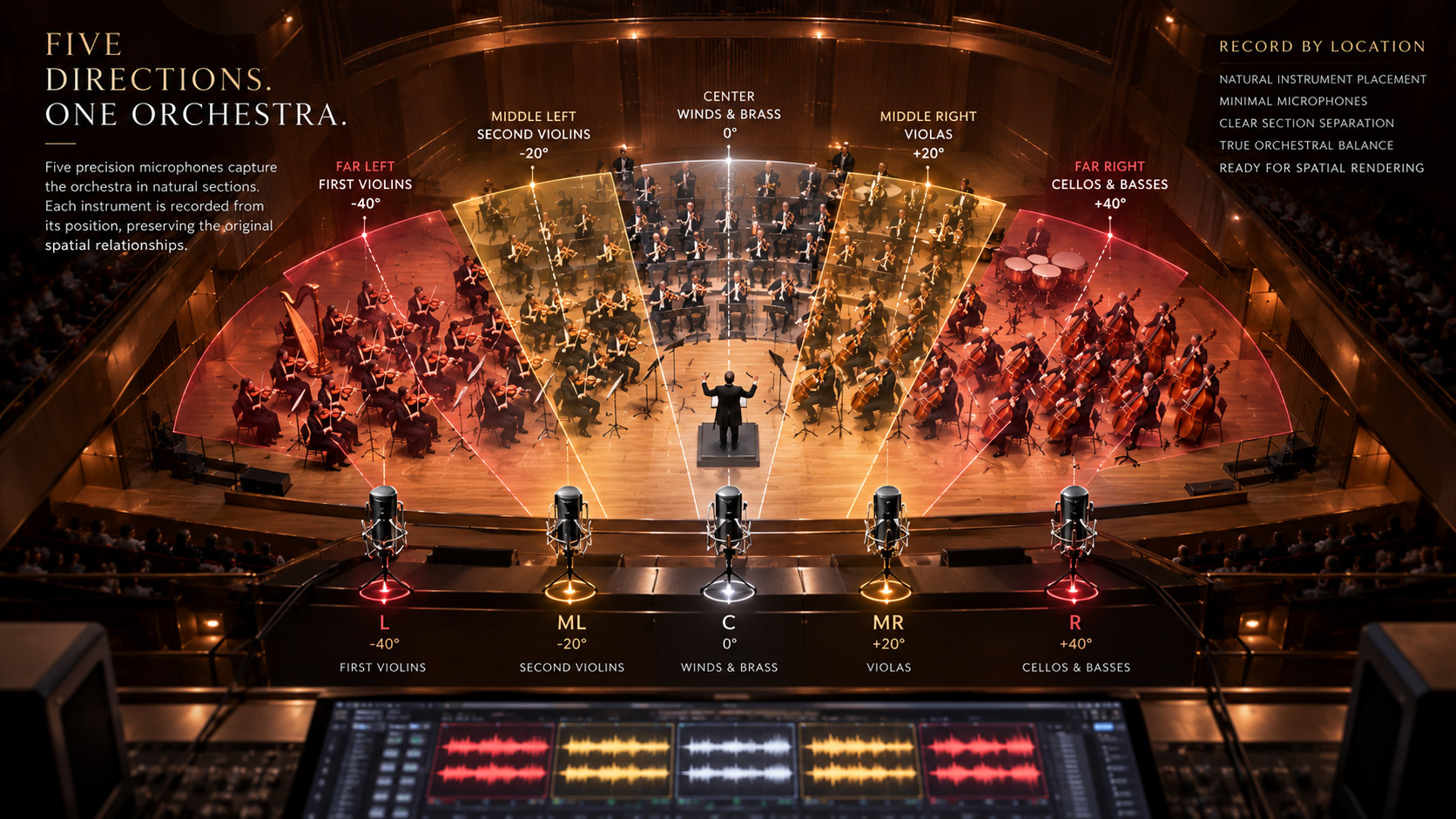 Concept diagram showing five microphone recording directions across an orchestra