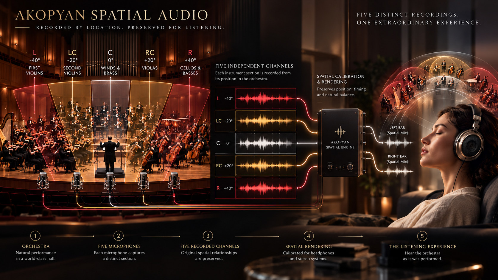 Five audio waveforms flowing from orchestra recording through spatial rendering to headphone playback