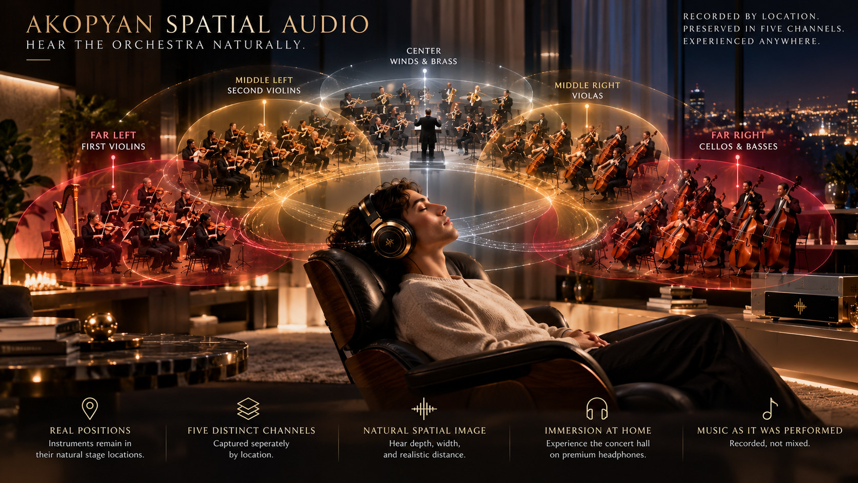 Conceptual premium headphone listening experience with an orchestra arranged spatially