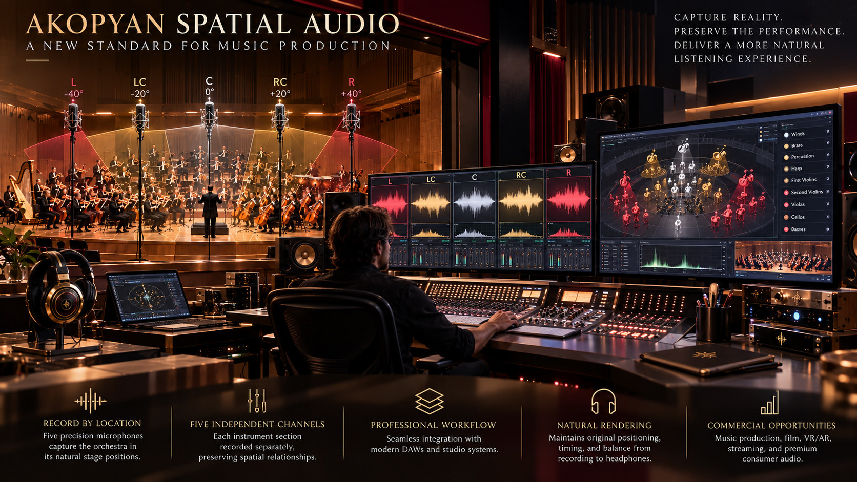 Recording engineer at a console working with five spatial audio channels
