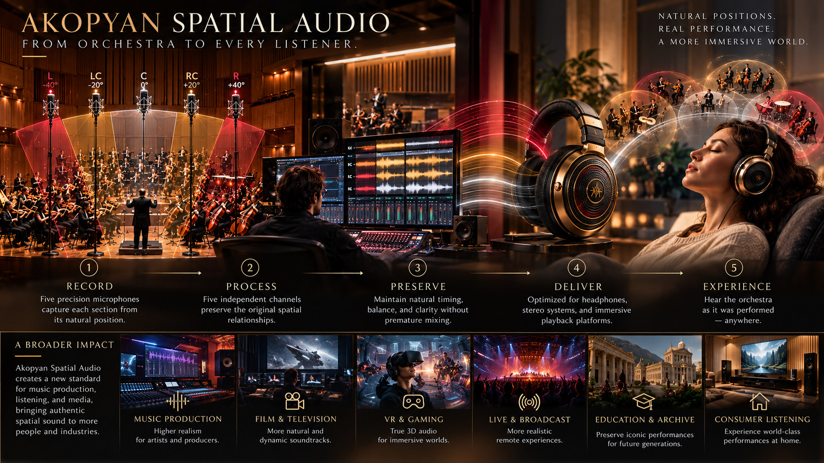 Concept montage of orchestra capture, audio processing, headphones, and broader audio applications