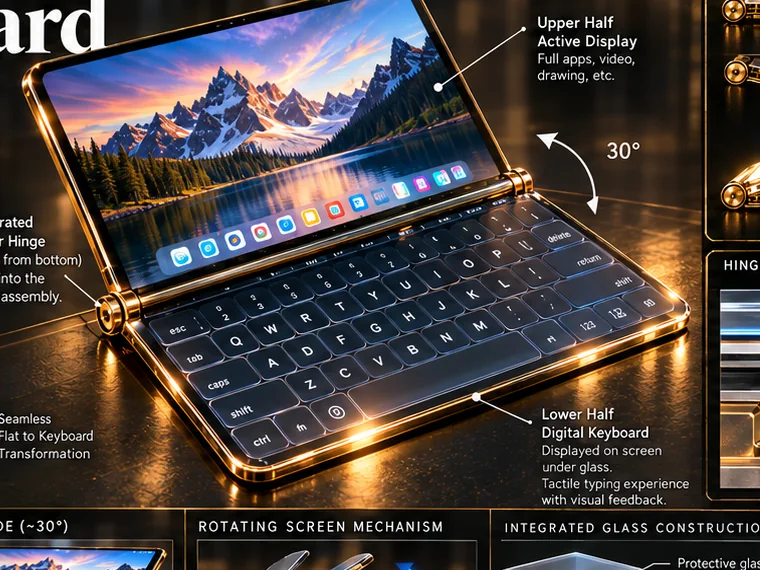ScreenBoard concept showing the reconfigurable glass touchscreen with integrated roller hinge