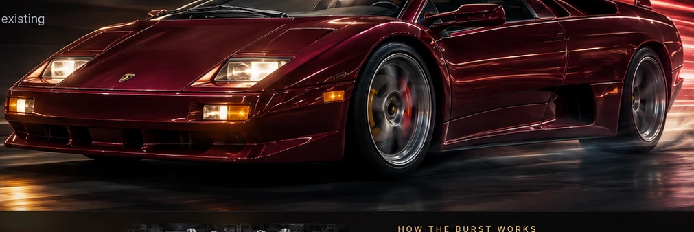 Original cinematic illustration of a classic burgundy wedge-shaped supercar, inspired by 1980s Lamborghini styling