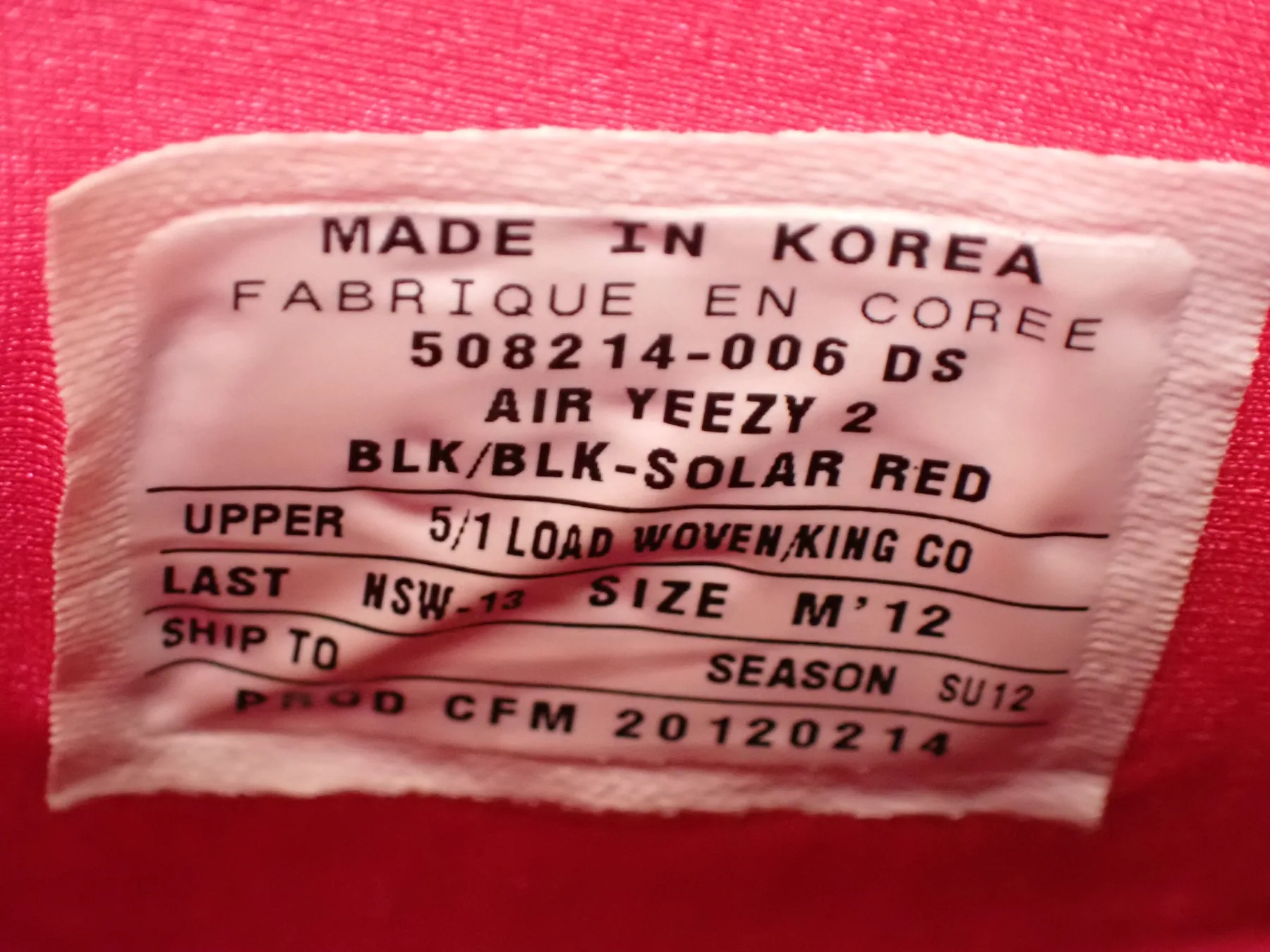 Made in Korea Air Yeezy 2 size 12 label showing production date 20120214