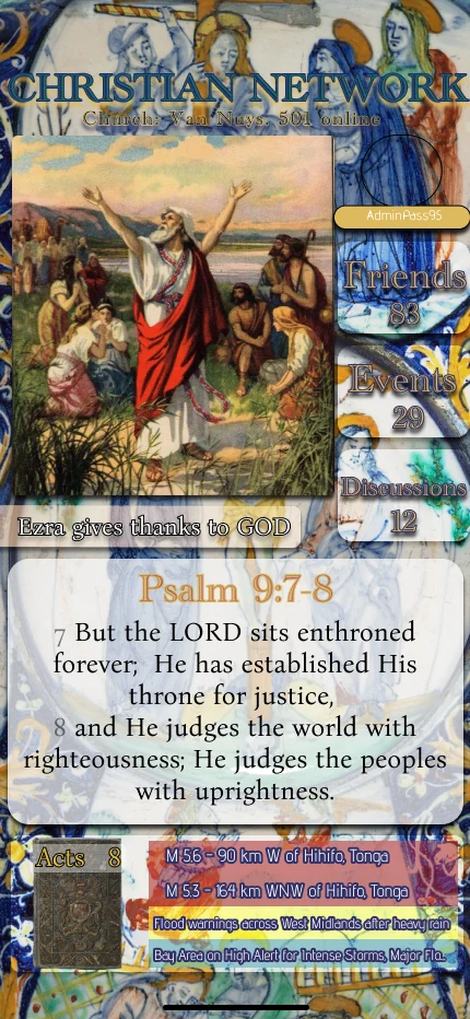 Christian Network mobile concept showing sacred art, Friends, Events, Discussions, a psalm, and news
